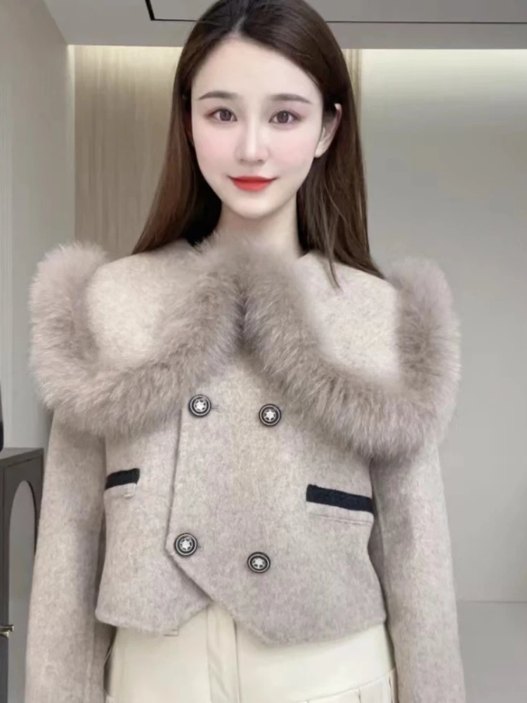 Women Winter Short Woolen Cloth Jacket 2024 New Chic and Elegant  Slim Comfortable Versatile Large Lapel Imitation Fox Fur Coat