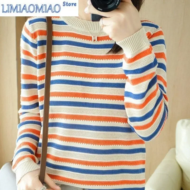 

New Striped Knitting Shirt Spring and Autumn Thin Bottom Women's Inner Wear and Outer Wear All-match Hollow Sweater Women
