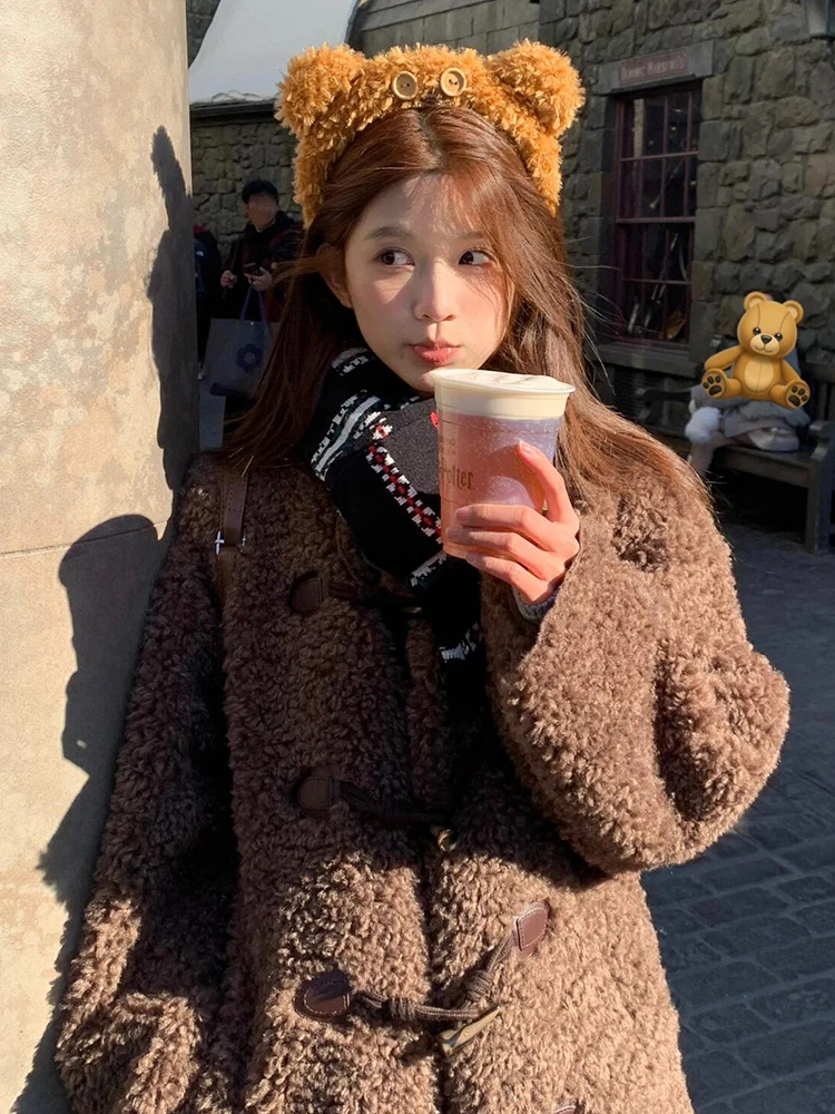 

Lamb Fur Jaet Women's Mid-Length Thiened Woolen Coat Trendy Autumn Winter New Sle Button Closure Faion Outerwear