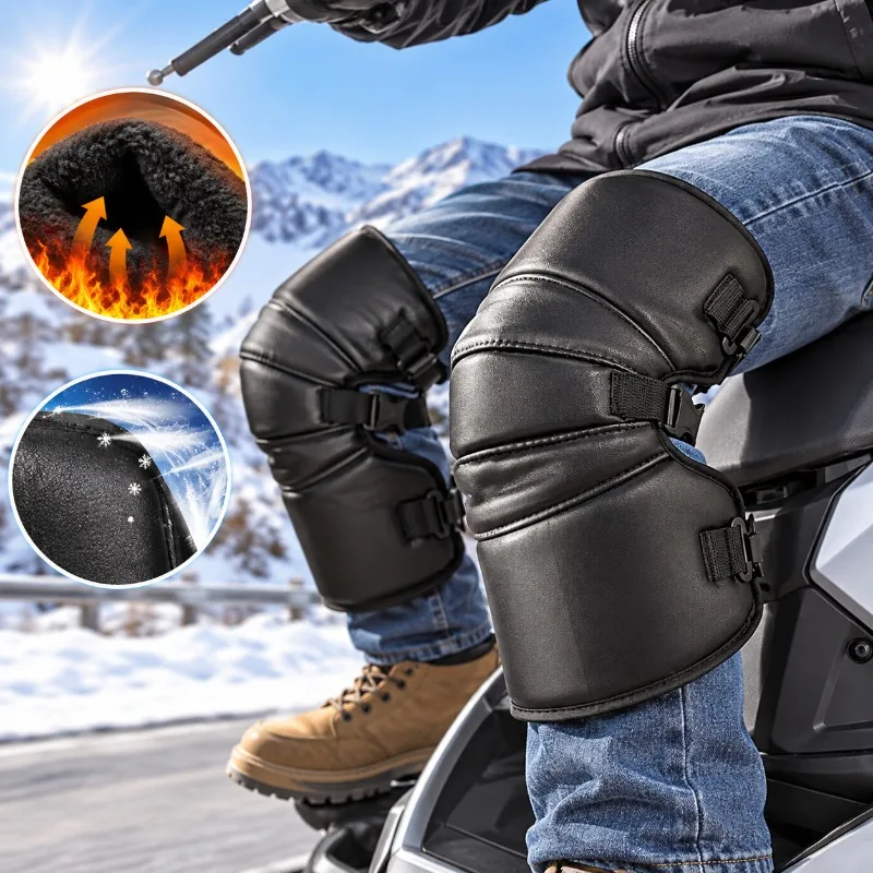 Wintertime Motorcycle Knee Pads,PU Leather Fleece-Lined Leg Warmers, Windproof Scooter Guards with Reflective Strips and Buckles