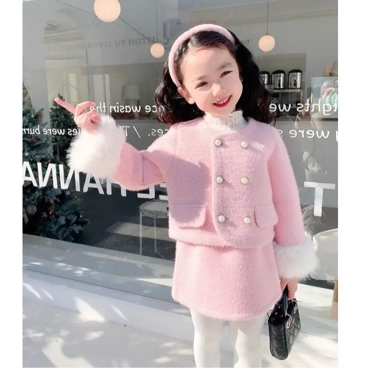 Girls Set Korean Style Solid Color Fashion Clip Cotton Plush Fashion Warm Coat Cute Skirt 2023 New Winter Clothing