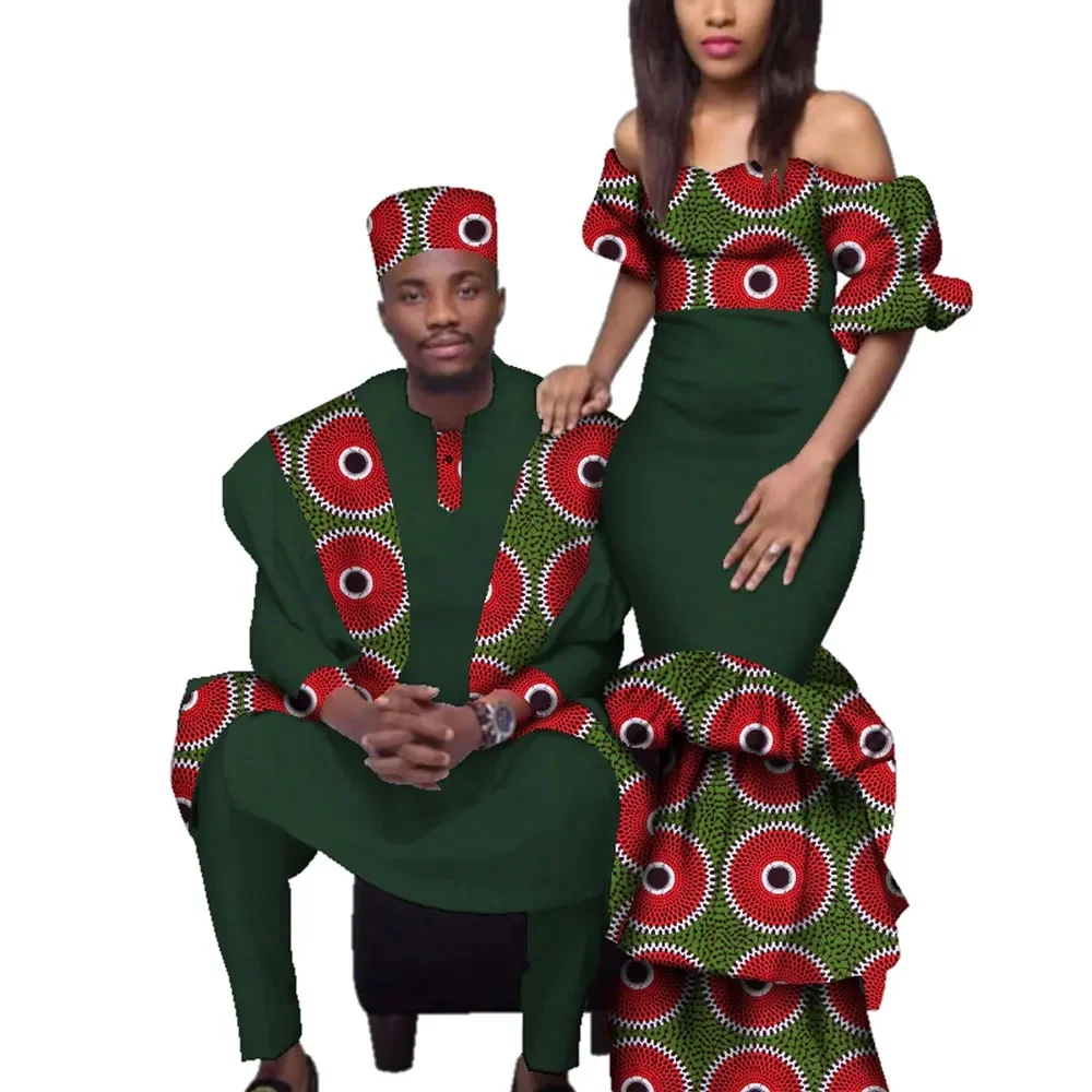 

New African Couple Clothes African Dresses for Women Bazin Riche Long Dresses African Men Print Gown Top and Pants Party Wedding