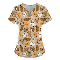 2023 Summer Women's Top Cute Cartoon Animal Dog 3D Print V-Neck T-shirt Casual Daily Nurse Uniform Style Fashion Short Sleeve