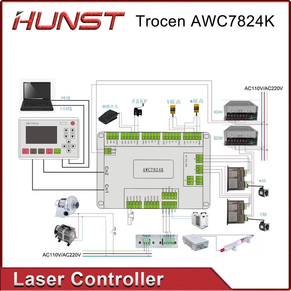 Hunst AWC708C Lite DSP CO2 Laser Control Display Panel Upgrade to Trocen AWC7824K For CNC System Laser Cutting Control Panel