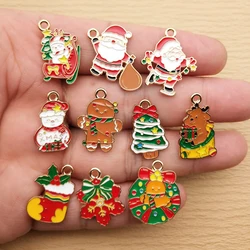 10pcs Christmas Charm Jewelry Accessories Enamel Necklace Earring Pendant Diy Making Supplies Alloy Metal Gold Plated