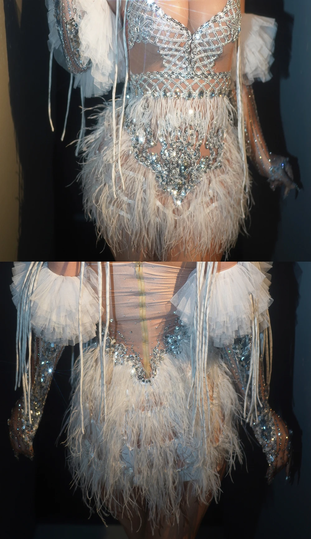 Sarung Tangan Gaun Bulu Payet Mengkilap Kostum Penari Pesta Ulang Tahun Gogo Bar Klub Malam Kostum Drag Queen Seksi Kostum Panggung Penyanyi