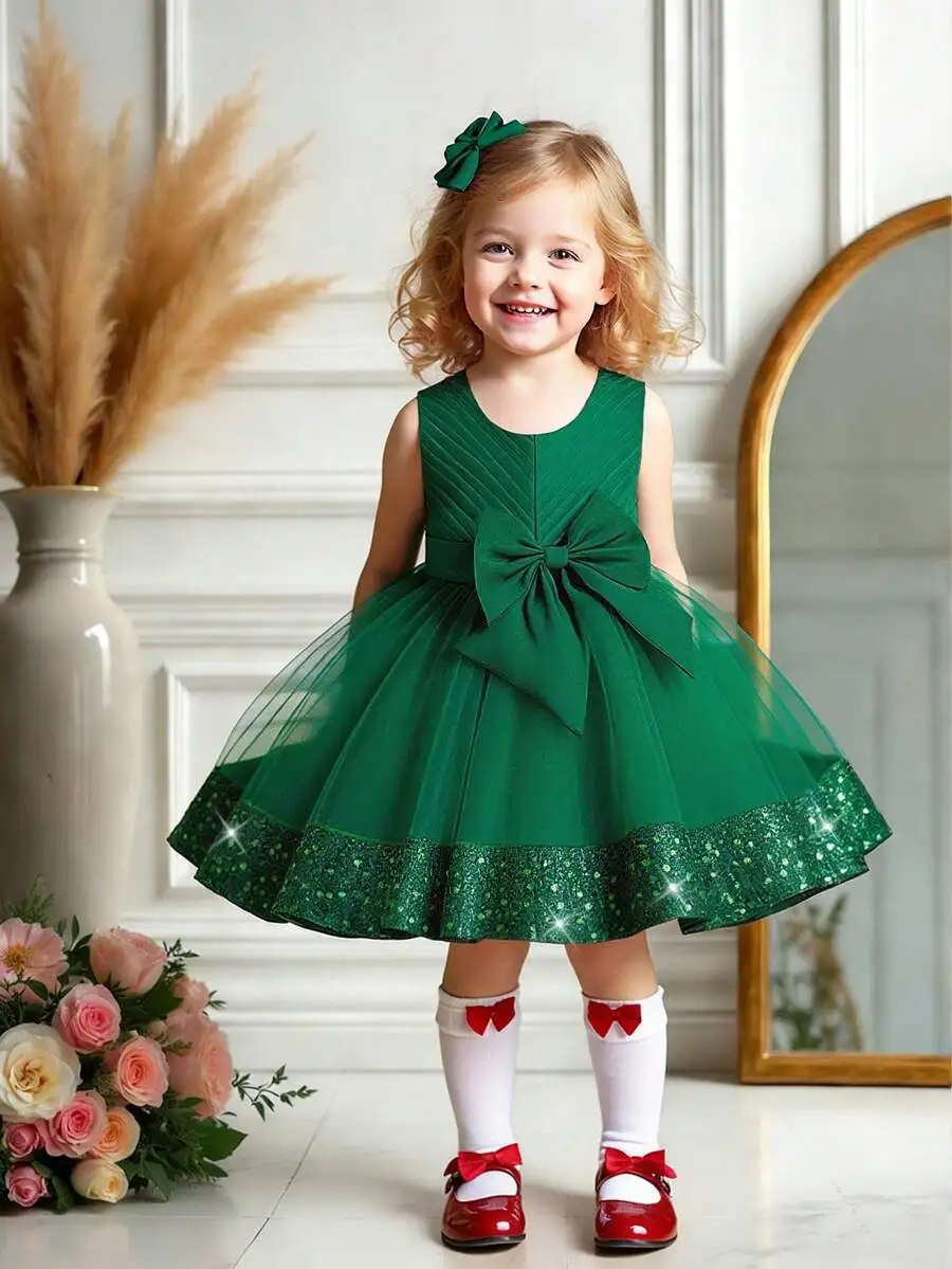 

Solid Color Tulle Bow Hem Sequin Puff Party Princess Evening Dress