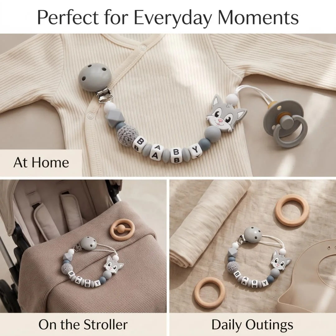 Personalized Baby Pacifier Clip Custom Name Wolf Silicone Teether Chain BPA Free Dummy Holder Newborn Gift