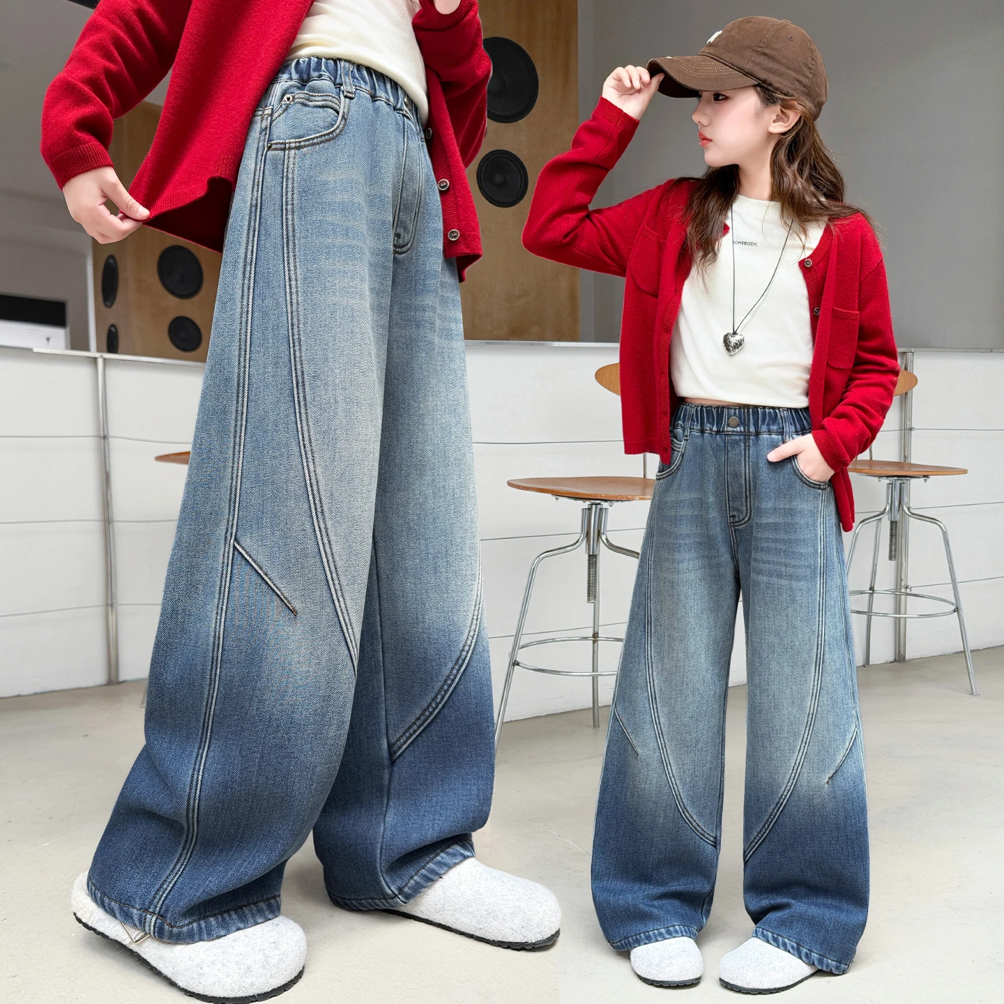 

Wide Leg Denim Pants Girls Loose Tie-Dye Mopping Trousers Baggy Kid's Jeans Fashion Handsome Washed Streetwear Insulated Denim