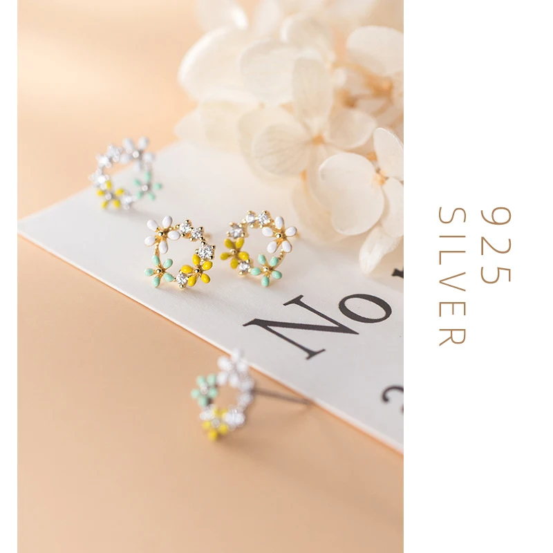 Modian Romantic Enamel Three Little Flower Stud Earrings for Women 925 Sterling Silver Dazzling Clear CZ Earring Luxury Jewelry