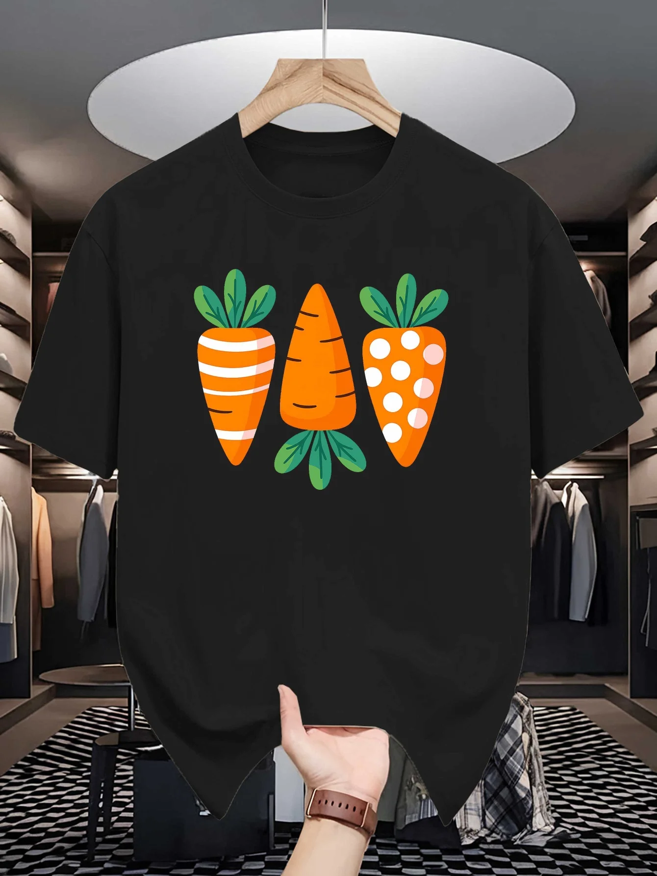 Cute Easter Carrot Print Men T Shirt Striped Polka Dot Carrot Short Sleeve Tees Soft Casual Tops Holiday Gift Summer Male Outfit