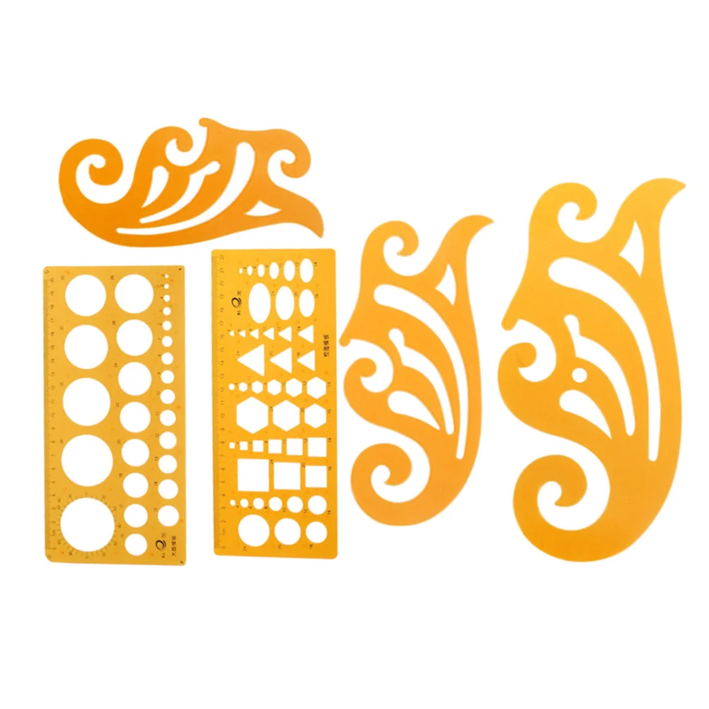 5 قطعة قالب رسم تصميم قوالب مسطرة برتقالية شفافة من البلاستيك القوي أشكال مختلفة دوائر بيضاوية مربعات