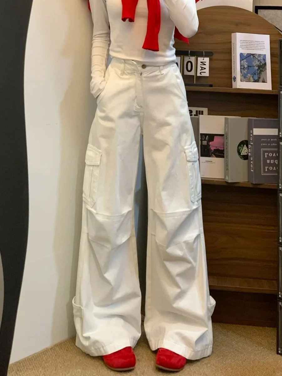 

High Waist Wide Leg Denim Work Pants Women's Summer 2026 Cool Style White Jeans Multi-Pocket Casual Loose Fit No Stretch