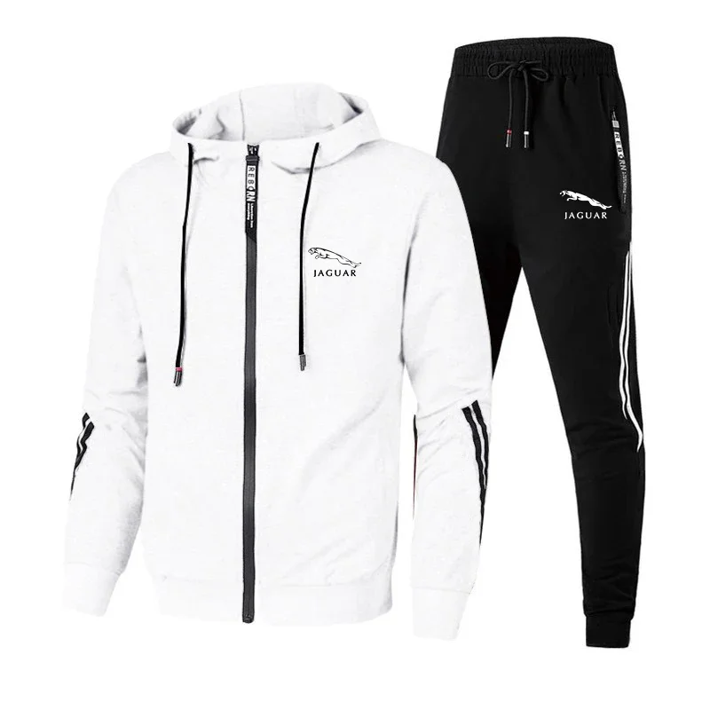 Men Jaguar Car Logo Print 2 Piece Sets Sportswear Zip Hooded Sweatshirt+Pants Gym Running Men Clothing 2024 New Tracksuit Sets