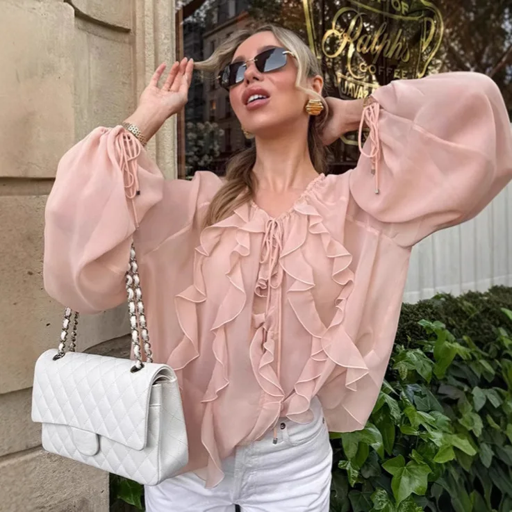 

Pink Ruffled Autumn Women's Chiffon Blouse V-Neck Lace Up Spliced Pullover Lady Shirt Korean-style Breathable Blouse For Female