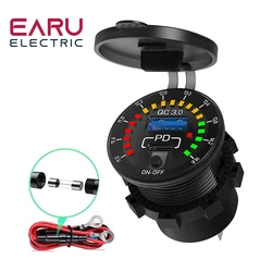 36W Dual USB QC 3.0 Car Charger with LED Voltmeter ON OFF Switch 12/24V Waterproof USB PD Outlet Fast Charge For Car Motorcycle