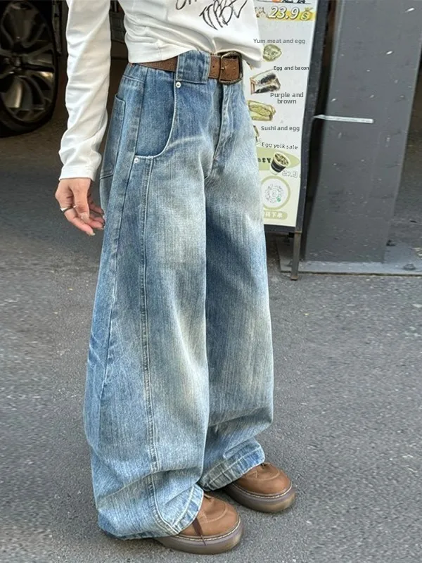 

Loose Wide Leg American Style Workwear Pants Women's High Waist Jeans Spring Autumn New Retro Washed Slimming Bootcut for plu...