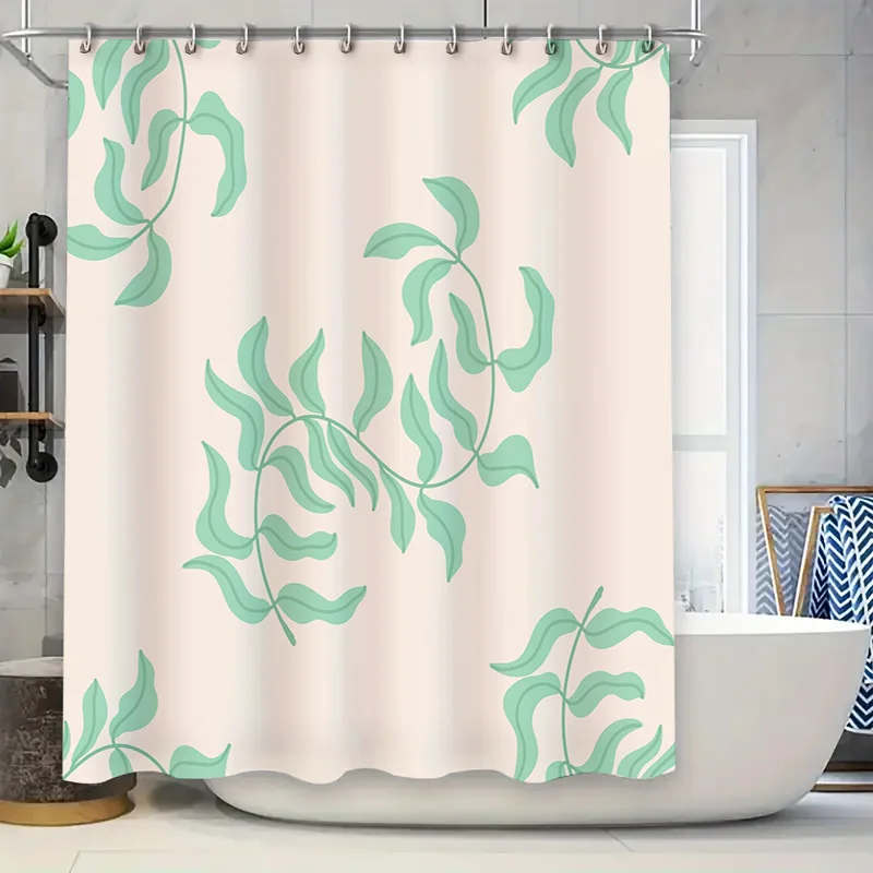 

Занавеска для душа с зеленым листом, современный декор для ванны со свежим мятным дизайном для домашней ванной комнаты, белая ткань, показано в размерах 180x240 см (Custo