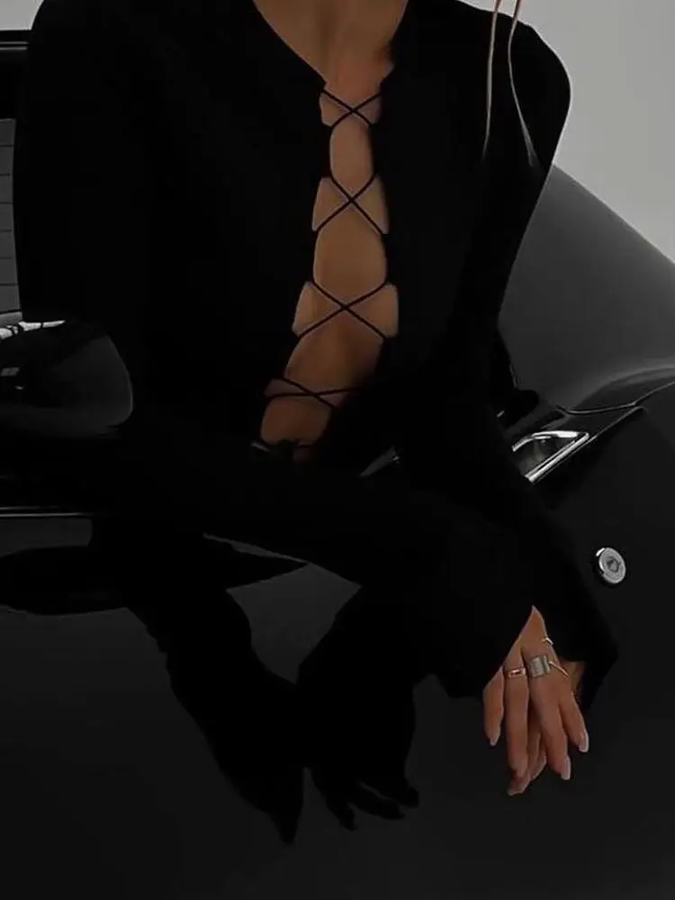 Cryptographic Autumn Sexy Bandage Black Mini Dress for Women Fashion Outfits Party Club Long Sleeve Bodycon Dresses Vestido Knit