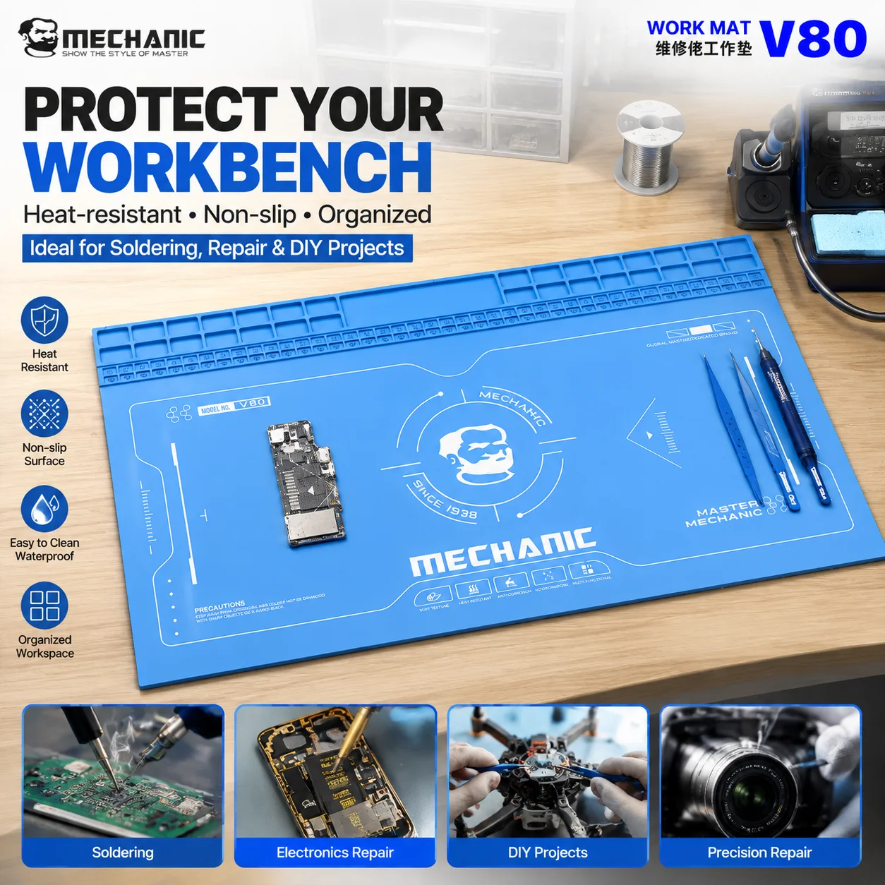 MECHANIC V80 Silicone Soldering Work Mat Heat Resistant Pad With Component Parts Tray For Electronics Repair