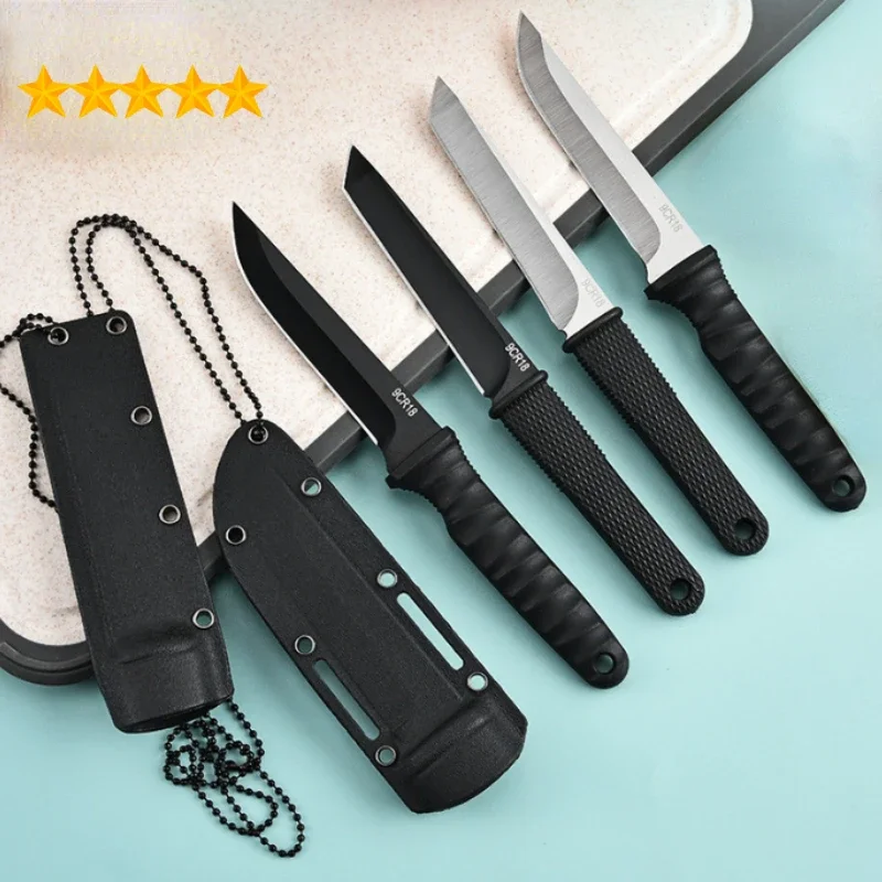 Portable outdoor knife with K-sheath hanging chain, outdoor camping survival knife, EDC high hardness sharp hunting knife