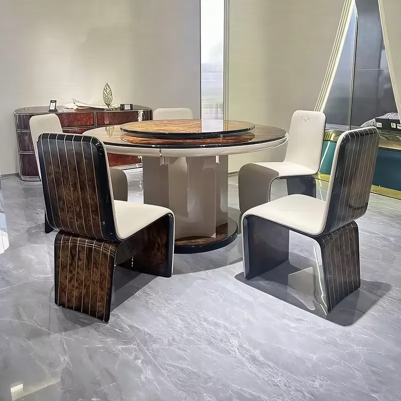 #Italian Modern Round Dining Table Set for 4 with Lazy Susan Stainless Steel Base for Villa Hotel & Apartment Dining