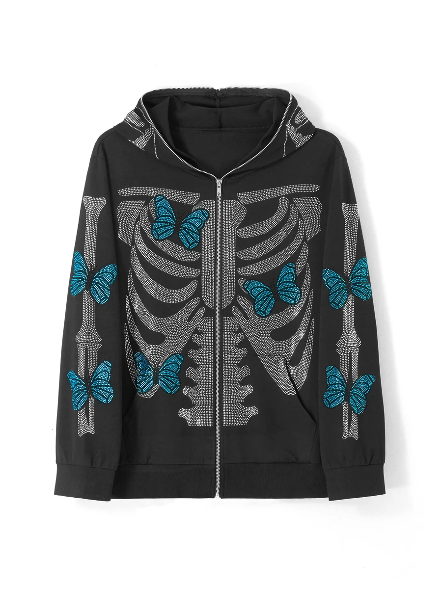 Halloween Rhinestone Skeleton Hoodies for Women Men Y2k Full Zip Up Punk Goth Aesthetic Hooded Sweatshirt Jacket