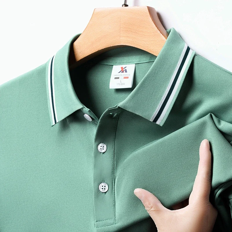 Men's Fashion Solid Short Sleeved Striped Lapel Polo Shirt Summer Breathable Comfortable Top