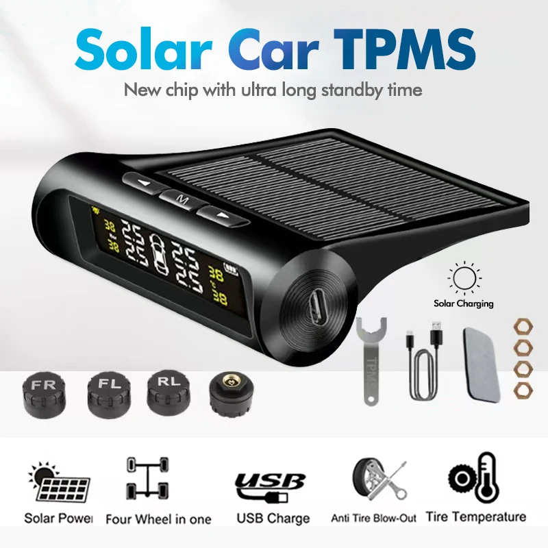 Car TPMS Tyre Pressure Monitoring System Solar Powered Digital LCD Display Auto Security Alarm Tester 4 Sensors Autos Alarm Tool