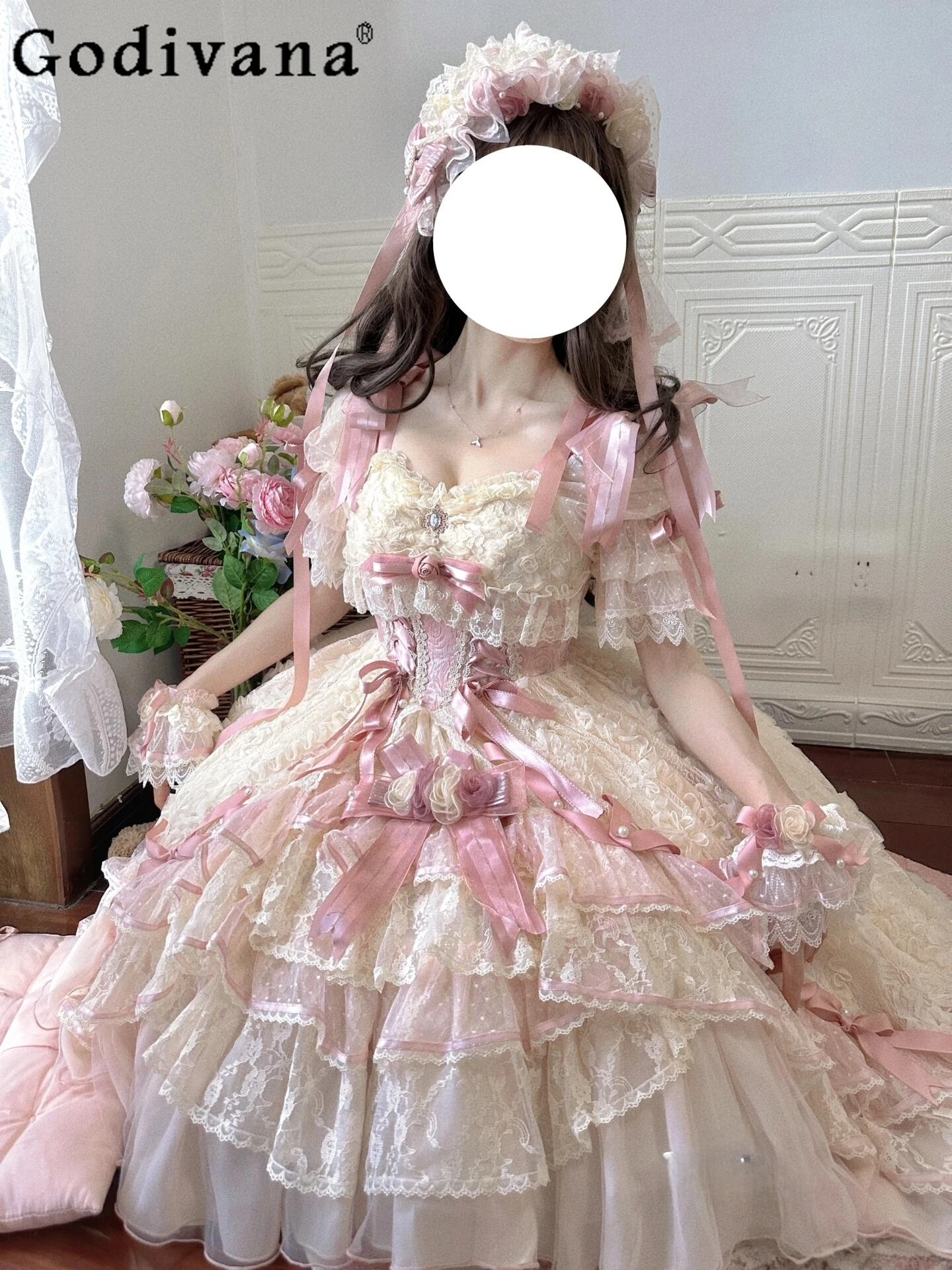 

Sweet Girl Japanese Original Gorgeous Dream Lolita Dress Birthday Coming-of-Age Ceremony Princess Style Heavy Lace Bow Dress