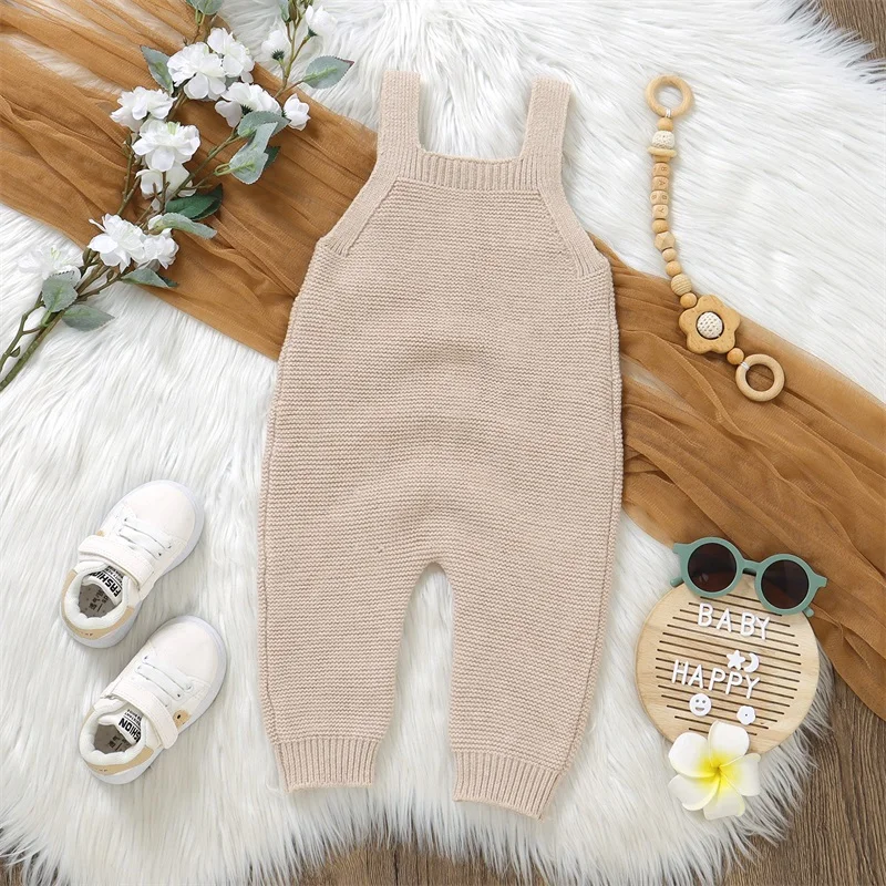 Baby Boy Girl Winter Sweaters Romper Overalls Button-up Sleeveless Square Neck Ribbed Knitted Jumpsuit