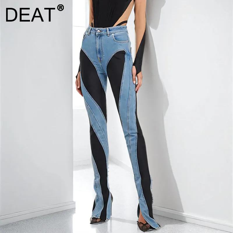 DEAT Fashion Women's Patchwork Contrast Color Jeans Stretch High Waist Split Long Denim Pants Female 2024 Autumn New 1DF2575