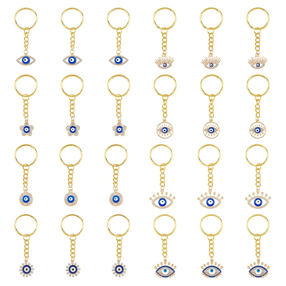 

Eye Enamel Rhinestone Keychain with Alloy Findings Flower/Flat Round/Eye 7.2cm 8pcs/set 3 sets/box