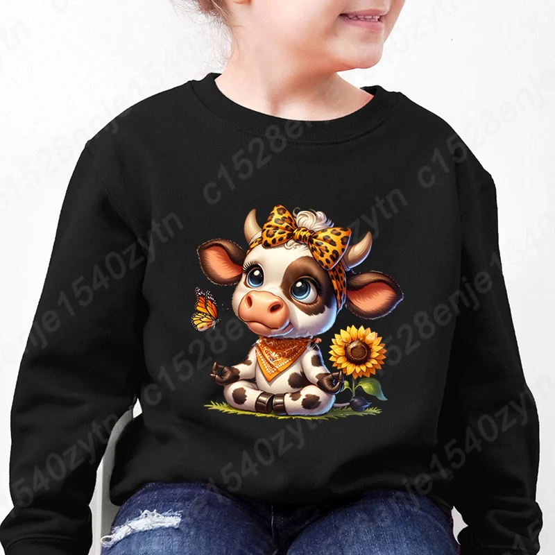 Children Hoodless Sweatshirt Cow Leopard Bow Sunflower Print Crew Neck Pullover Cool Soft Kids Girls Casual Pullover Winter Tops