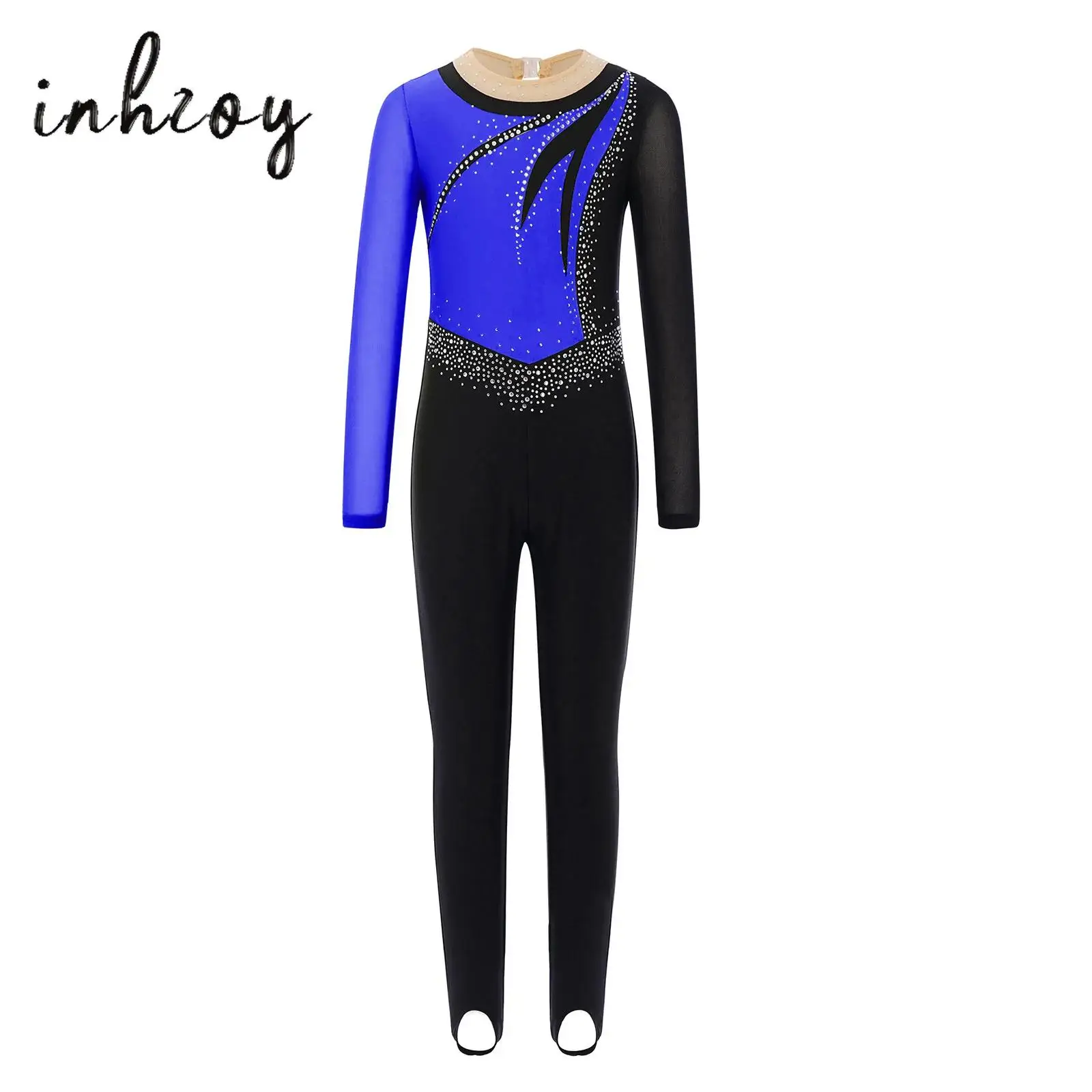 

Kids Girls Gymnastics Performance Costume Sheer Mesh Patchwork Long Sleeves Shiny Rhinestones Color Block Dance Rompers Jumpsuit