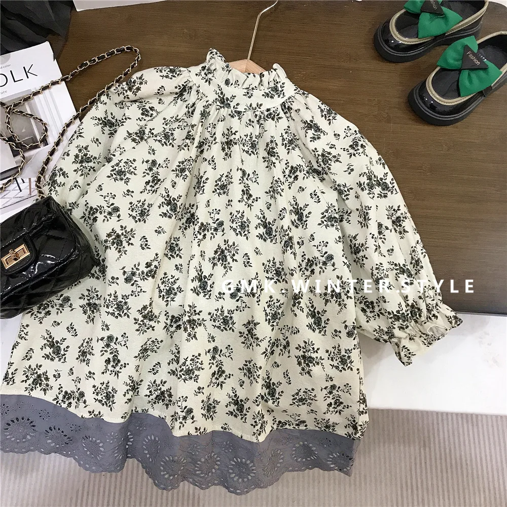 2026 Spring Retro Children Girls Dress Cotton Floral Printed Spliced Hem Babys Girls Dress 1-8Y Kids Girl Soft Long Sleeve Dress