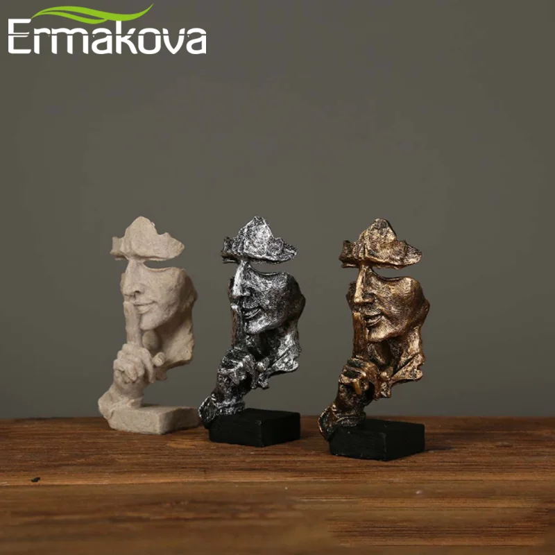 ERMAKOVA Abstract Silence Is Golden Figurine Resin Hand Face Silent Men Statue Sculpture Home Office Living Room Decoration