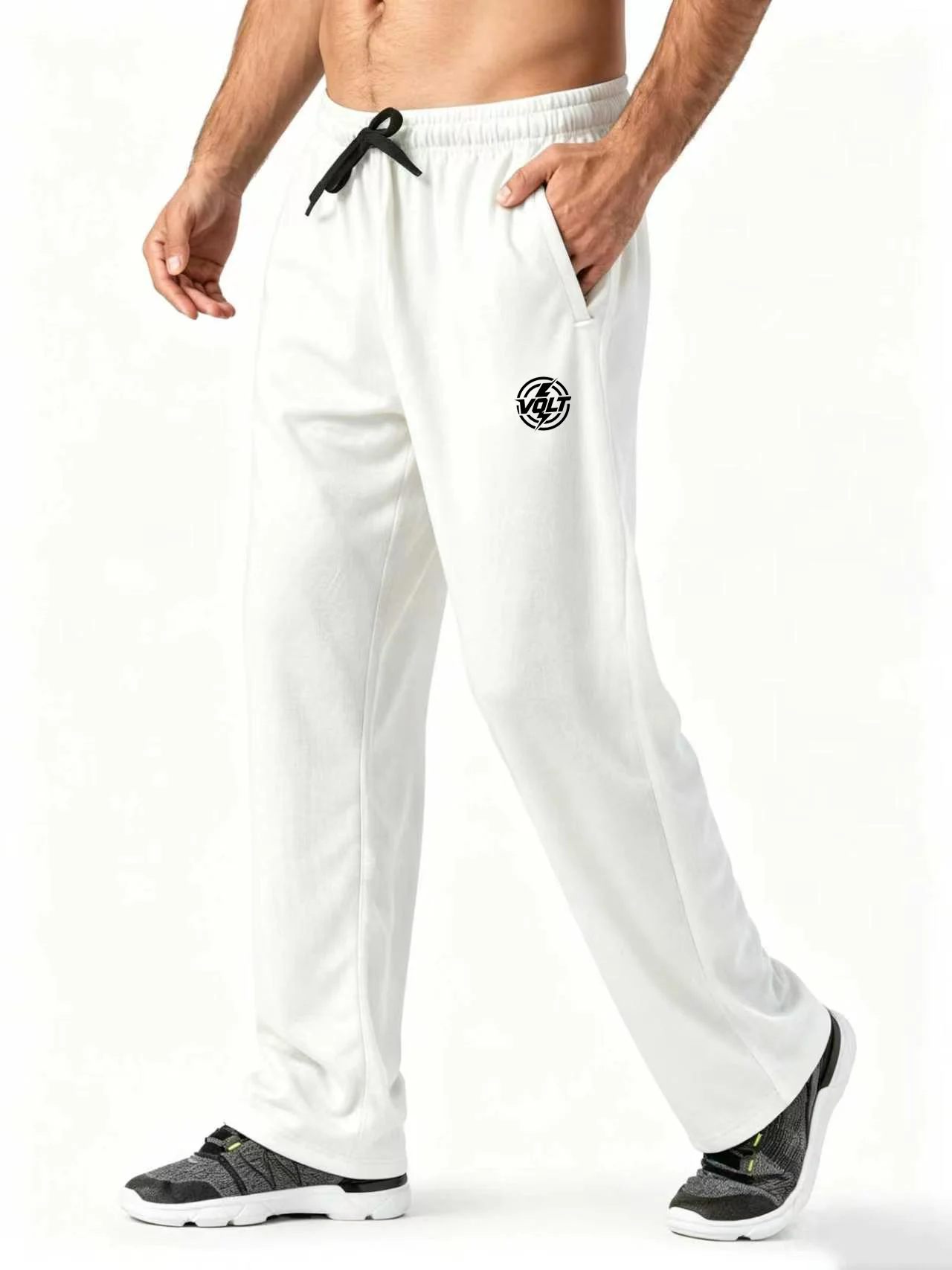 Men's Quick‑Dry Straight Sports Pants, VOLT Logo Print Drawstring Sweatpants, Zip Side Pockets Gym Running Casual Trouse