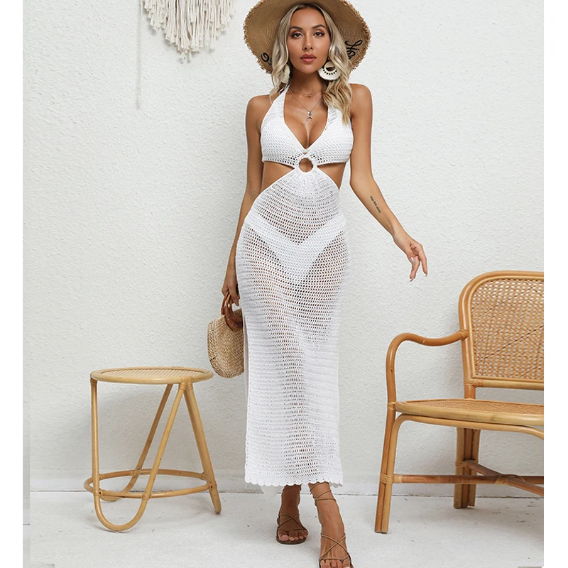 Women\'s Sexy Binding Rope Deep V Beach Cover-Up Knitting Halter Tunic Long Dress See-Through Summer Holiday Casual Beachwear