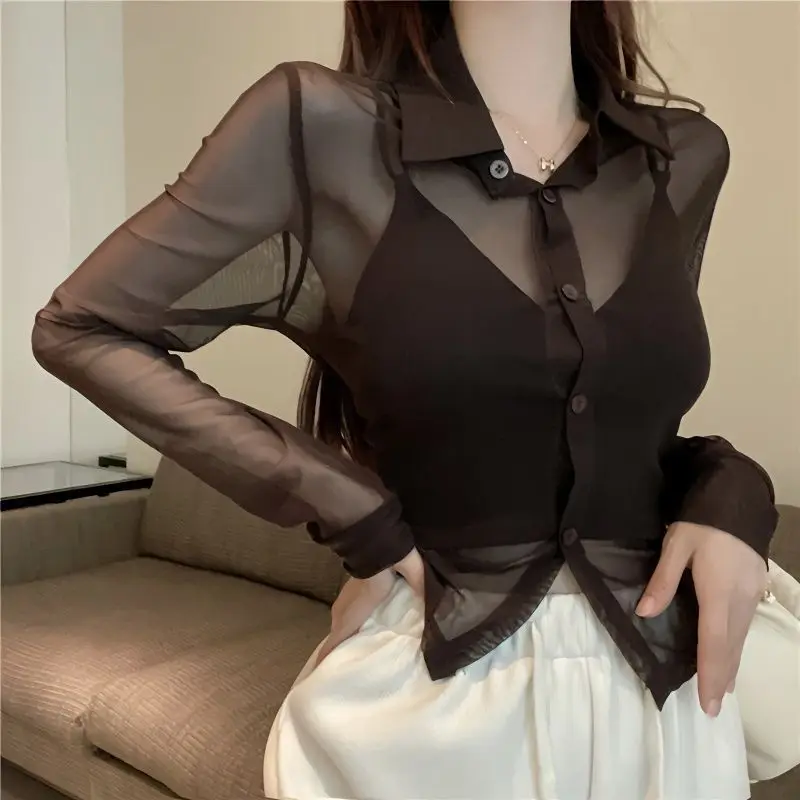 Shirts Women Sexy Sheer Summer Thin Designed New Trendy Hotsweet Simple Cropped Clothes Sun-proof Streetwear All-match Female