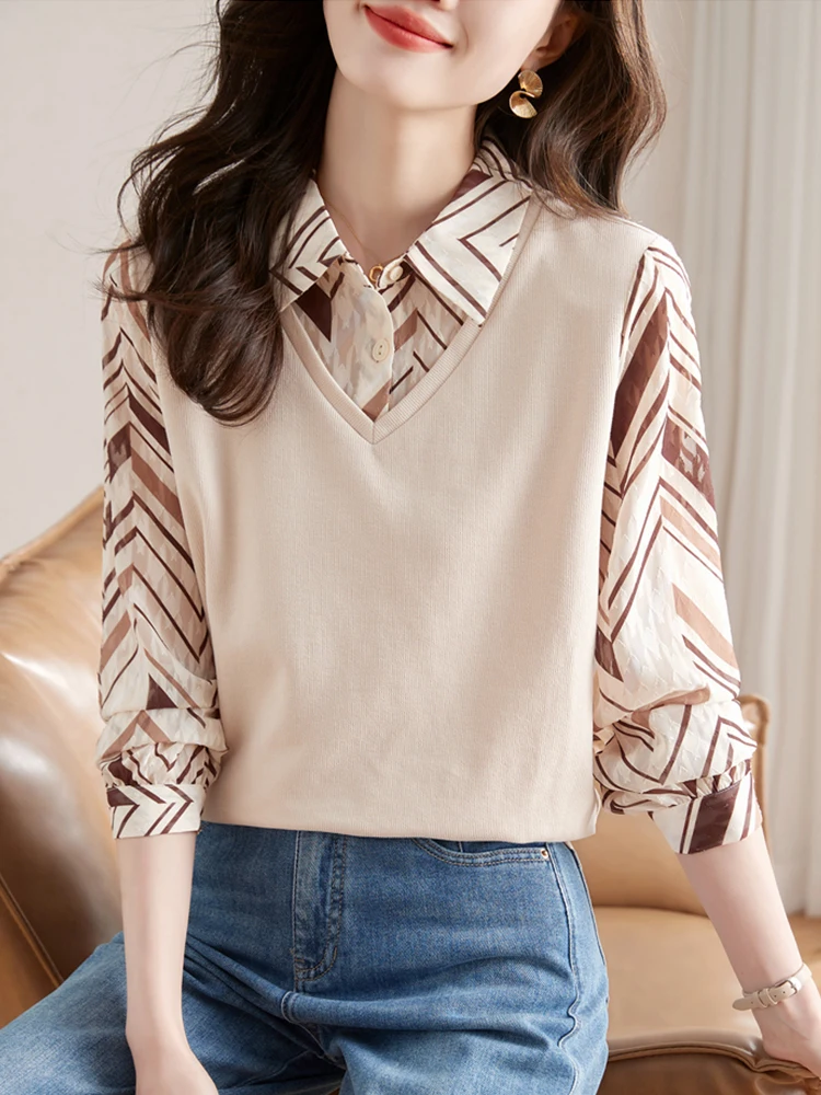 

Women's Long Sve Knitted irt Spring Autumn Faion Patchwork Print Sweatirt Collar Regular Fit Korean Sle