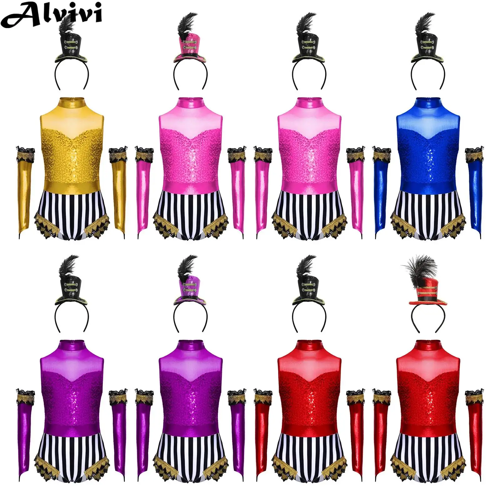 Kids Girls Sleeveless Sequins Dance Leotard with Oversleeves Halloween Carnival Party Circus Ringmaster Magician Cosplay Costume