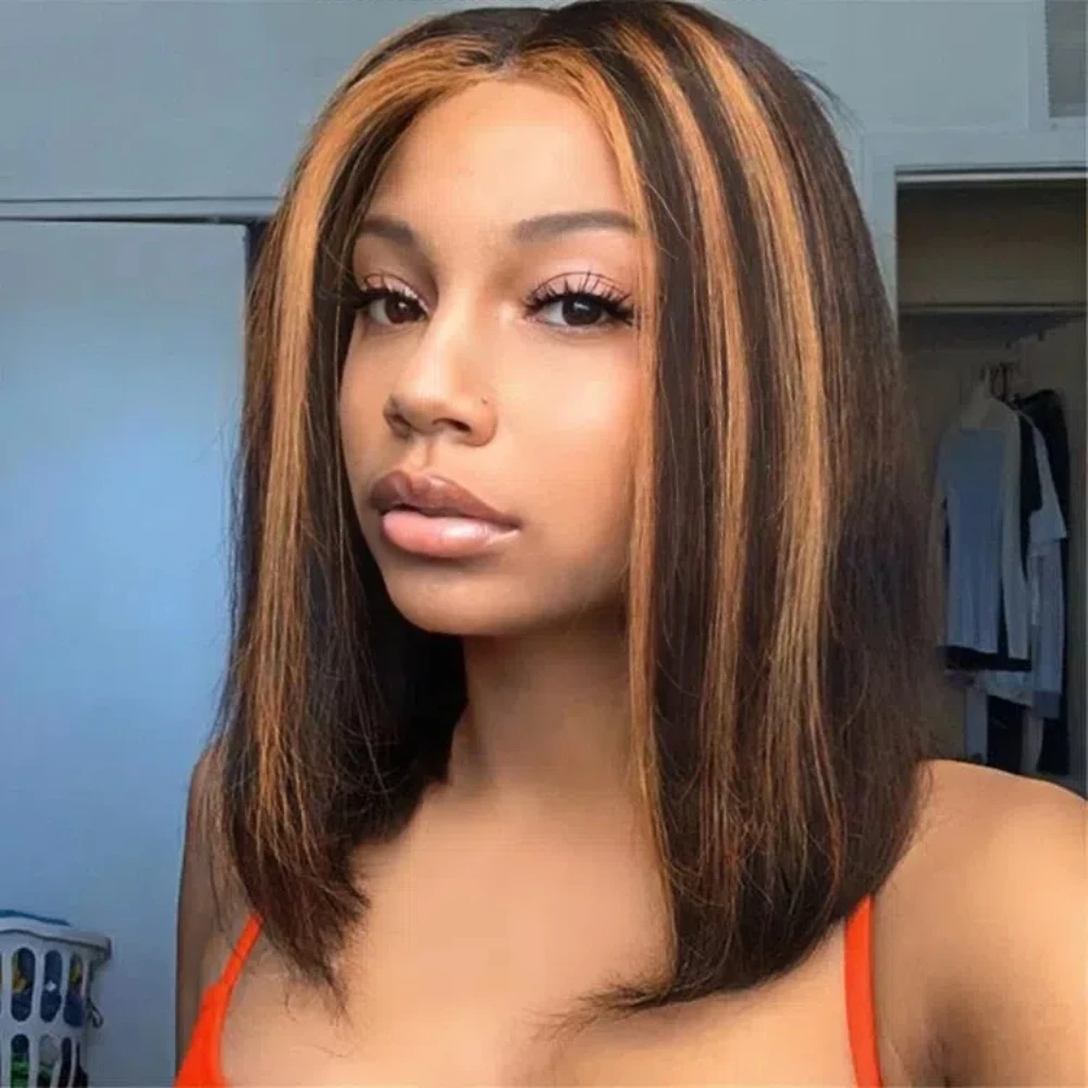 

Glueless Wigs Human Hair Pre Cut Ombre 4/27 Highlight Short Bob Wig Human Hair For Women 180 Density Wear For Beginners 14inch