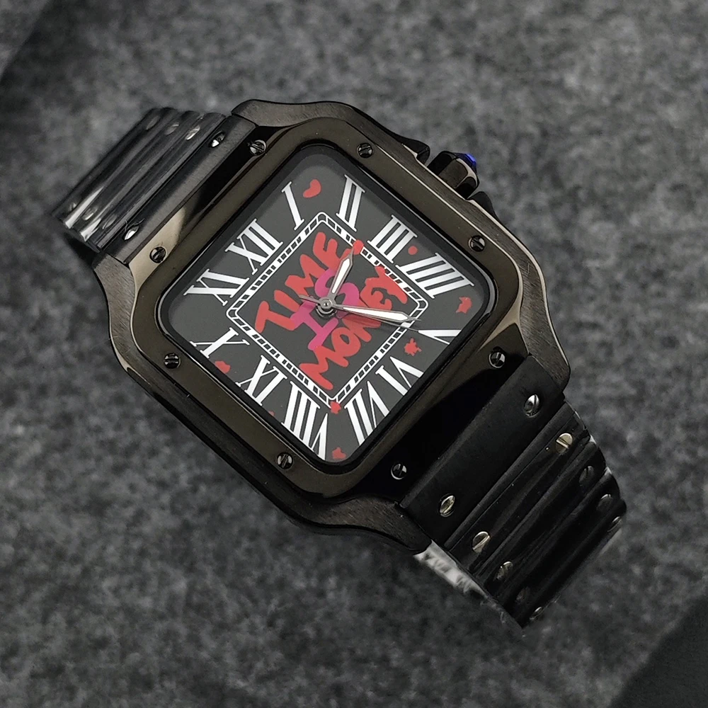 นาฬิกาข้อมือทรงเหลี่ยมรุ่นใหม่ NH35 นาฬิกา Time is Money ขนาด 27 มม. หน้าปัดโลโก้สั่งทำพิเศษ นาฬิกาผู้ชาย กลไก NH35 อุปกรณ์เสริมนาฬิกา