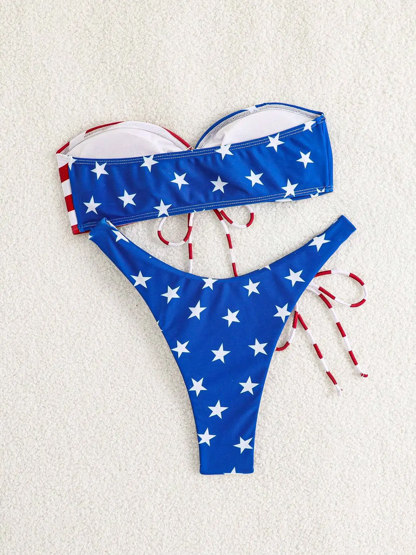 

Patriotic Blue Star Print Strapless Bikini With Red White Striped Ties And Adjustable Thong Bottom For 4th Of July