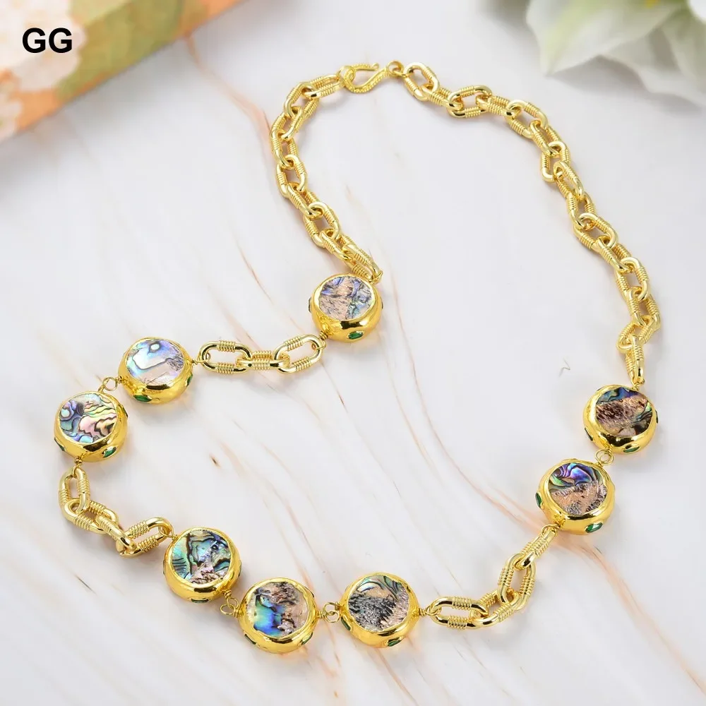 GG Natural Rainbow Color Abalone Shell Beads Gold Plated Chain Long Necklace 28