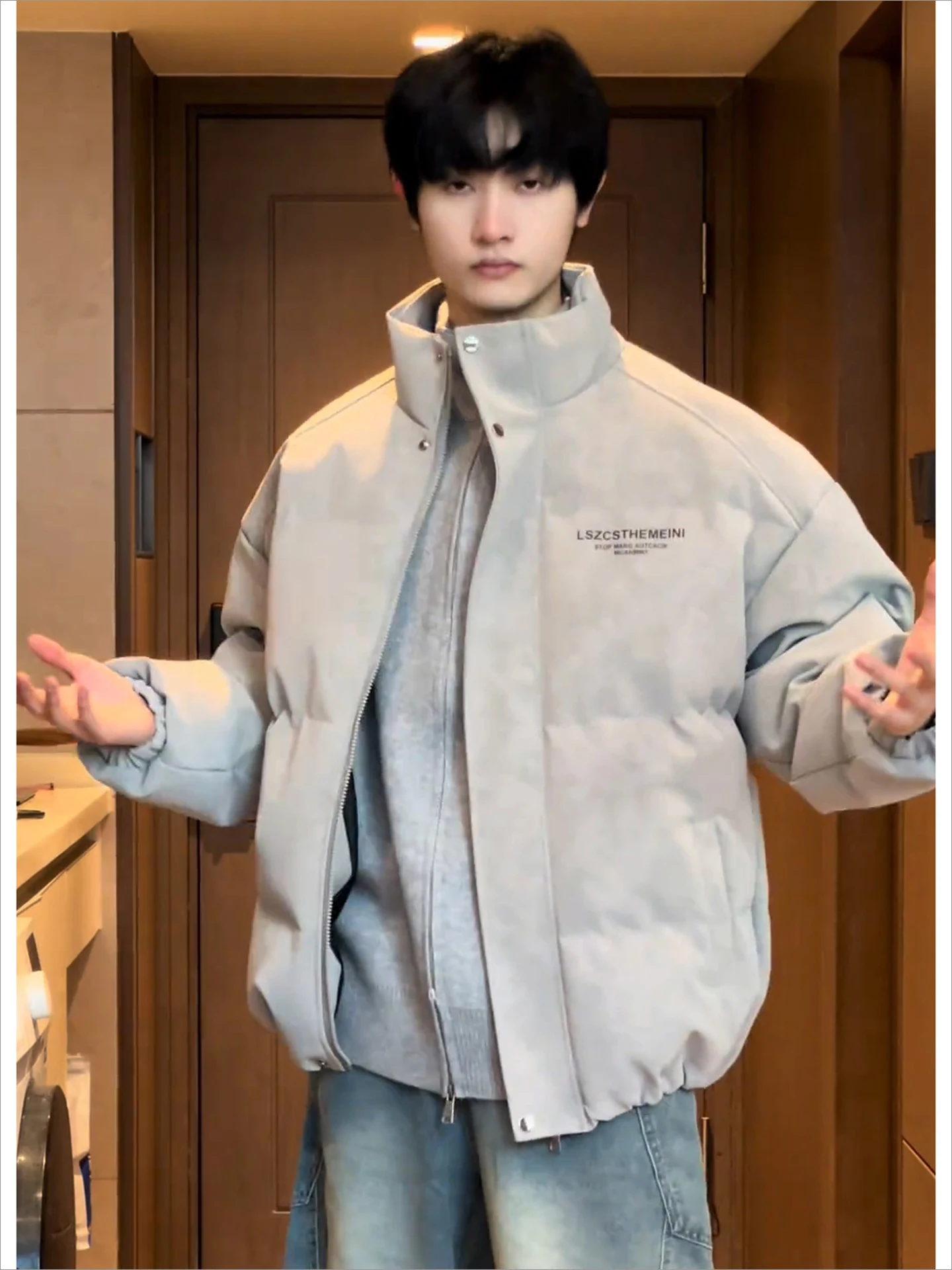 

American Sle ort Puffer Jaet Men's Winter Foggy Leather Loose Fit Stand Collar down Coat Urban Casual Waterproof Warmth