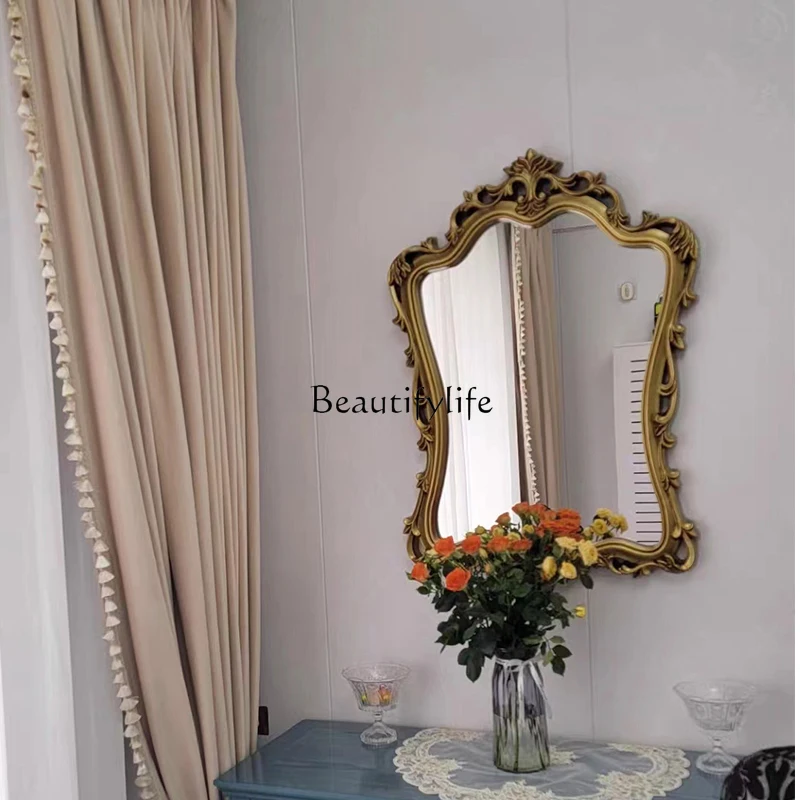 

French retro carved high-definition bathroom mirror light luxury design living room wall decoration mirror