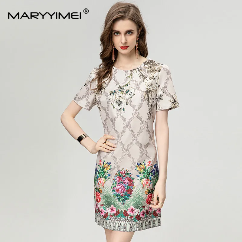 

MARYYIMEI Fashion Designer Summer Women's Short-Sleeved Crystal Diamond Vintage-Print White Streetwear Dresses