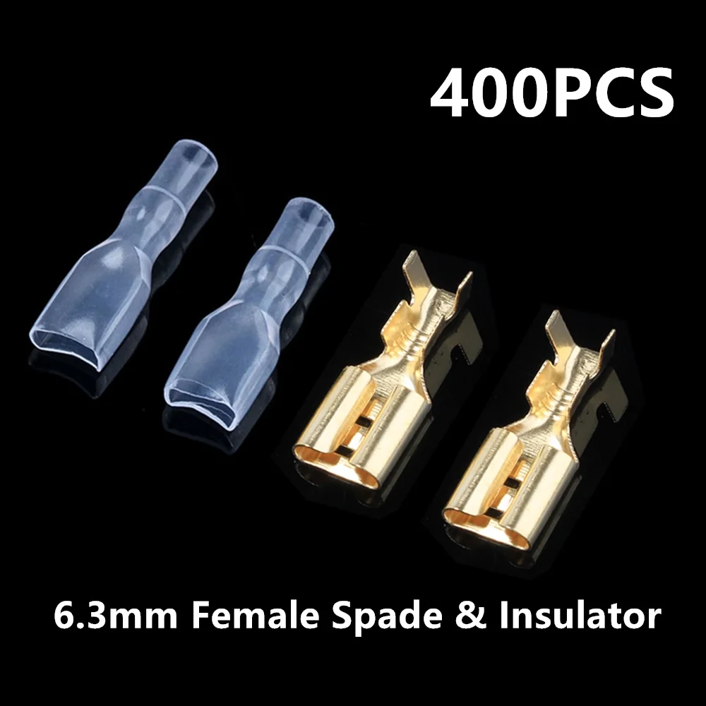 400PCS/200Set 6.3mm Female Spade Cold Crimp Terminals Connector Car Speaker Electrical Wire Connectors with Insulation Sleeve